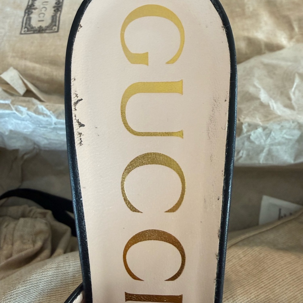 New 👡Gucci Block Heel Mule Sandal - Nero Black & Gold Leather, 7.5 - Picture 12 of 12